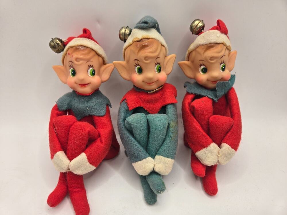 Vintage Christmas Knee Hugger Elf Ornament Lot Of 3